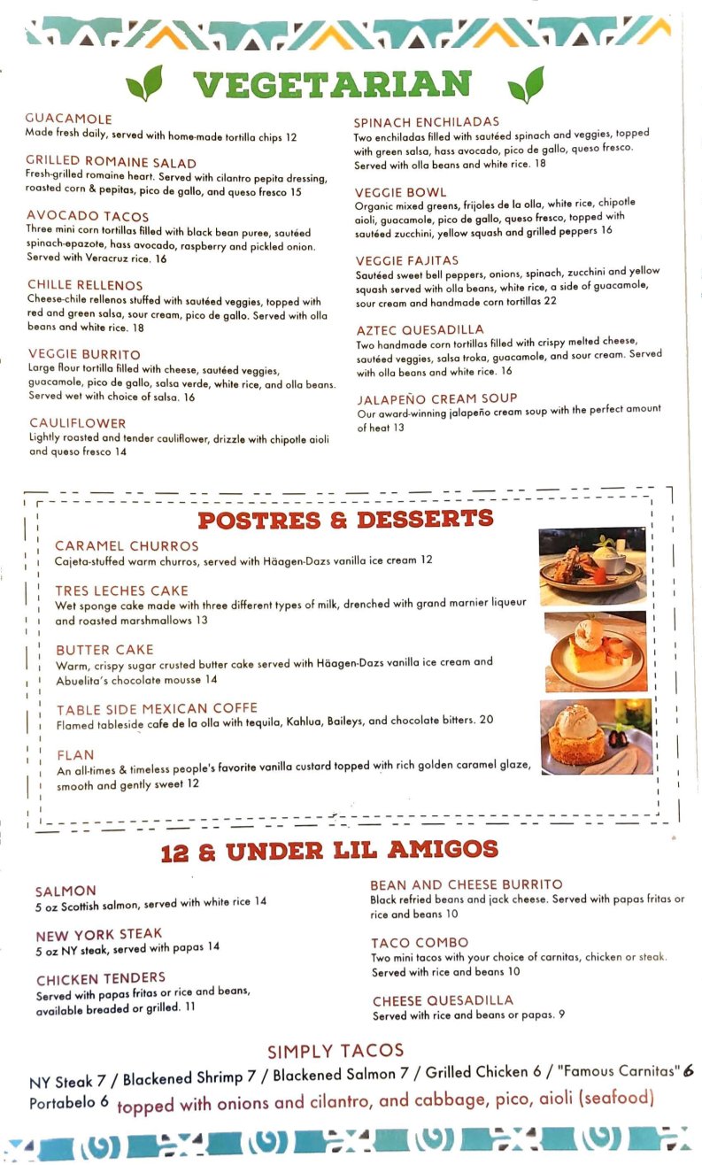Printed menu with Mexican categories and cocktails.