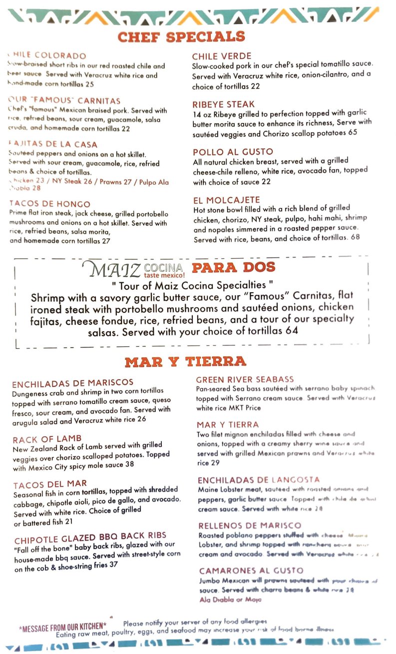 Menu page listing tacos, margaritas, and tequila.