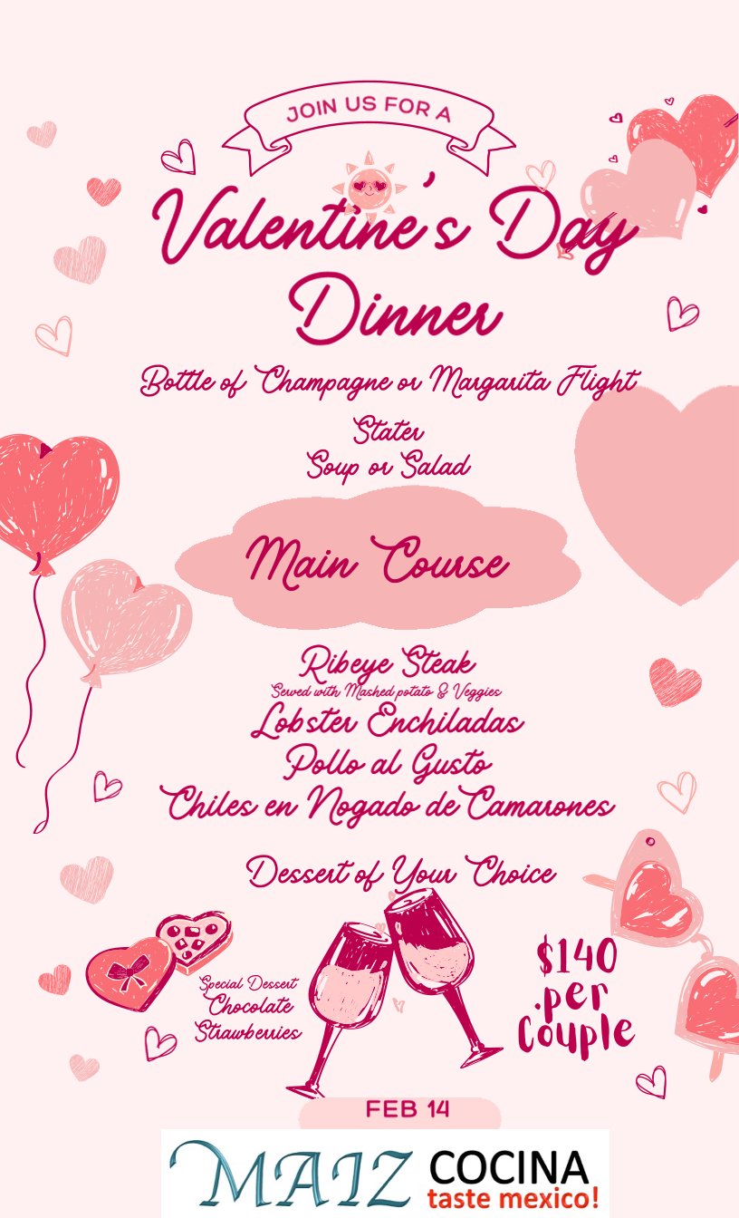 Menu layout featuring entrees and house drinks.